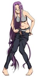 Rule 34 | 00s, 1girl, barefoot, bra, denim, fate/stay night, fate (series), glasses, jeans, lingerie, long hair, low-tied long hair, medusa (fate), medusa (rider) (fate), midriff, panties, pants, solo, underwear, undressing, very long hair