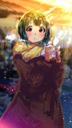 Rule 34 | 1girl, :t, black hair, blurry, blurry background, blush, breath, brown eyes, building, buttons, coat, eating, female focus, food, highres, holding, holding food, hoshika ranoe, idolmaster, idolmaster (classic), light rays, long coat, looking at viewer, medium hair, mole, mole under mouth, onigiri, otonashi kotori, outdoors, scarf, solo, steam, sunlight, tareme, wavy mouth, winter clothes, winter coat, yellow scarf