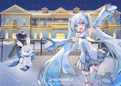 Rule 34 | 1girl, animal, bare shoulders, blue eyes, blue hair, blue necktie, blue scarf, building, choke (amamarin), commentary, cowboy shot, crypton future media, detached sleeves, earmuffs, gate, grey skirt, grey sleeves, grey thighhighs, hair ornament, hatsune miku, headset, hokkaido, leg up, light blue hair, long hair, looking at viewer, miniskirt, mittens, necktie, official art, outdoors, outstretched arms, piapro, pleated skirt, rabbit, rabbit yukine, real world location, scarf, second-party source, shirt, shoulder tattoo, skirt, sleeveless, sleeveless shirt, smile, snow, snowflake print, snowing, solo, standing, standing on one leg, tattoo, thighhighs, twintails, very long hair, vocaloid, white mittens, white scarf, white shirt, winter, yuki miku, yuki miku (2011), zettai ryouiki
