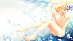 Rule 34 | 1girl, artoria pendragon (all), artoria pendragon (fate), bad id, bad pixiv id, barefoot, blonde hair, braid, breasts, bubble, cleft of venus, closed eyes, collarbone, fate/stay night, fate (series), feet, gradient background, hair bun, hair ribbon, highres, legs, navel, nipples, nude, pussy, ribbon, saber (fate), short hair, shoujo donburi, single hair bun, small breasts, solo, toes, uncensored, underwater, water