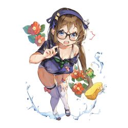 Rule 34 | 1girl, blue eyes, breasts, brown hair, cleavage, flower, frog, full body, glasses, hairband, hand on own knee, kino books, large breasts, leaning forward, long hair, mary janes, off shoulder, official art, one-piece swimsuit, open mouth, school swimsuit, shoes, short sleeves, solo, sponge, swimsuit, swimsuit under clothes, thighhighs, transparent background, uchi no hime-sama ga ichiban kawaii, water, wet, whistle, white one-piece swimsuit, white school swimsuit, white thighhighs, whoisshe
