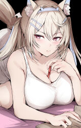 Rule 34 | 1girl, alternate costume, animal ear fluff, animal ears, bandaid, bandaid hair ornament, between breasts, blonde hair, blue hair, blush, breasts, cleavage, dog ears, dog girl, dog tail, earrings, fuwamoco, fuwawa abyssgard, hair ornament, hairpin, highres, hololive, hololive english, jewelry, large breasts, long hair, looking at viewer, multicolored hair, pink eyes, sak1 01, shirt, solo, streaked hair, tail, two side up, virtual youtuber, white shirt