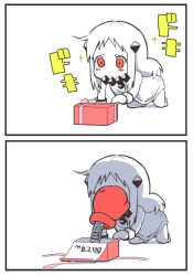 Rule 34 | 10s, 1girl, 2koma, abyssal ship, ahoge, all fours, blush, box, boxing gloves, colored skin, comic, commentary request, dress, gift, gift box, hikawa79, horns, in the face, kantai collection, long hair, mittens, nanodesu (phrase), northern ocean princess, prank, red eyes, silent comic, solo, sparkle, translation request, valentine, white dress, white hair, white skin