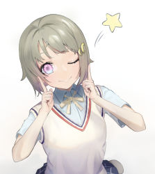 Rule 34 | 1girl, absurdres, blue shirt, blush, brown hair, closed mouth, collared shirt, commentary request, crescent, crescent hair ornament, daiiichukiii, hair ornament, hands up, highres, index finger raised, looking at viewer, love live!, love live! nijigasaki high school idol club, nakasu kasumi, neck ribbon, one eye closed, pink eyes, pleated skirt, ribbon, shirt, short hair, short sleeves, simple background, skirt, smile, solo, star (symbol), sweater vest, upper body, white background, white ribbon, white sweater vest