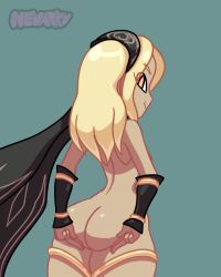 Rule 34 | 1girl, animated, animated gif, artist name, ass, blonde hair, blue background, breasts, dark-skinned female, dark skin, eyes visible through hair, female focus, from behind, gravity daze, headband, jiggle, kitten (gravity daze), long hair, looking at viewer, medium breasts, naked scarf, nevarky, nude, scarf, simple background, solo, yellow eyes