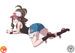 Rule 34 | 10s, 1girl, ass, bad deviantart id, bad id, baseball cap, blue eyes, boots, brown hair, creatures (company), cross-laced footwear, denim, denim shorts, full body, game freak, grin, hat, hilda (pokemon), lace-up boots, looking at viewer, maniacpaint, nintendo, pokemon, pokemon bw, ponytail, reit, short shorts, shorts, sidelocks, simple background, smile, solo, vest, white background, wristband