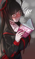 Rule 34 | !, !!, 1girl, @ @, absurdres, black hair, black nails, blue archive, blush, book, breasts, embarrassed, halo, highres, large breasts, long hair, nail polish, neck mark, nyahpa20, reading, red eyes, school uniform, smile, sweat, sweatdrop, tsurugi (blue archive)