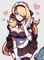 Rule 34 | 1girl, apron, artist name, black bow, black bowtie, black dress, blonde hair, blowing kiss, blue eyes, bow, bowtie, breasts, cleavage, commentary, creatures (company), cynthia (pokemon), dress, english commentary, game freak, gen 4 pokemon, gible, gloves, hair ornament, hair over one eye, heart, highres, large breasts, long hair, looking at viewer, maid, maid apron, maid headdress, miniskirt, nintendo, pleated skirt, pokemon, pokemon dppt, skirt, thighhighs, touyarokii, white gloves, zettai ryouiki