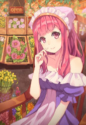 Rule 34 | 1girl, absurdres, blush, chair, collarbone, english text, finger to mouth, flower, highres, long hair, looking at viewer, original, pink eyes, pink hair, pot-palm, sign, sitting, smile, solo