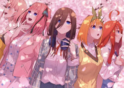 Rule 34 | 5girls, :d, :o, \||/, ahoge, black ribbon, blush, breasts, brown hair, butterfly hair ornament, casual, cherry blossoms, closed mouth, collared shirt, commentary request, cowboy shot, dappled sunlight, earrings, eyebrows hidden by hair, eyelashes, falling petals, finger to mouth, go-toubun no hanayome, green ribbon, hair between eyes, hair ornament, hair over one eye, hair ribbon, hand up, happy, headphones, headphones around neck, highres, jacket, jewelry, large breasts, long hair, long sleeves, looking up, medium hair, multiple girls, nail polish, nakano ichika, nakano itsuki, nakano miku, nakano nino, nakano yotsuba, open clothes, open jacket, open mouth, orange hair, petals, pink hair, pink jacket, pink nails, profile, red hair, red ribbon, ribbon, shirt, short hair, siblings, sidelocks, sisters, smile, star (symbol), star hair ornament, straight-on, straight hair, sunlight, sweater vest, tamago sando, teeth, twins, two side up, upper teeth only, upturned eyes, white shirt, yellow sweater vest