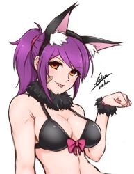 Rule 34 | 1girl, absurdres, airisubaka, animal ears, artist name, bandage on face, bandages, bandaid, bandaid on cheek, bandaid on face, blush, bow, breasts, brown eyes, cat ears, cleavage, closed mouth, collarbone, fake animal ears, hairband, highres, large breasts, leah (airisubaka), looking at viewer, original, paw pose, red bow, scrunchie, short hair, short ponytail, signature, simple background, smile, solo, tongue, tongue out, upper body, white background