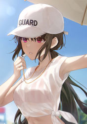 Rule 34 | 1girl, arm up, armpit peek, armpits, bad id, bad twitter id, baseball cap, bikini, bikini under clothes, black hair, breasts, crop top, day, dotz, halterneck, hand up, hat, highres, holding, long hair, low ponytail, midriff, original, outdoors, parted lips, pink eyes, see-through, shirt, short sleeves, side-tie shirt, sidelocks, small breasts, solo, striped bikini, striped clothes, swimsuit, upper body, wet, whistle, white hat, white shirt