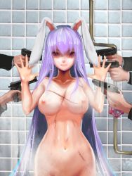 Rule 34 | 1girl, animal ears, axe r18, blue hair, breasts, collarbone, commentary request, completely nude, cowboy shot, groin, gun, hair between eyes, handgun, hands up, highres, holding, holding gun, holding weapon, indoors, industrial pipe, large breasts, long hair, long sleeves, looking at viewer, multicolored hair, navel, nipples, nude, out-of-frame censoring, pistol, purple hair, rabbit ears, red eyes, reisen udongein inaba, solo focus, standing, steam, stitches, stomach, streaked hair, touhou, valve, very long hair, weapon