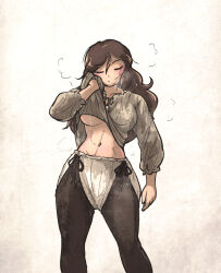 Rule 34 | 1girl, abs, belt, brown hair, full body, ironlily, long hair, medieval, original, pants, shirt, solo, standing, steaming body, sweat