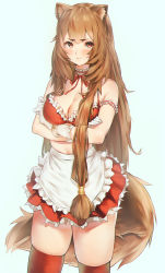 Rule 34 | 1girl, absurdres, alternate costume, alternate hair length, alternate hairstyle, animal ears, artist request, bare shoulders, blush, breasts, brown hair, choker, cleavage, commentary request, cosplay, crossed arms, enmaided, grayfox, highres, long hair, maid, medium breasts, midriff, raccoon ears, raccoon girl, raphtalia, red eyes, skindentation, solo, standing, tail, tate no yuusha no nariagari, thighhighs, very long hair, zettai ryouiki