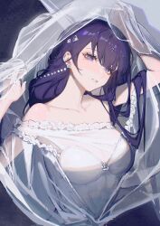 Rule 34 | 1girl, breasts, cleavage, collarbone, dress, earrings, genshin impact, head tilt, highres, jewelry, large breasts, long hair, looking at viewer, mole, mole under eye, off-shoulder dress, off shoulder, parted lips, purple eyes, purple hair, raiden shogun, smile, solo, upper body, wedding dress, white dress, white veil, yutou (yutou75)