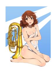 Rule 34 | 1girl, bare shoulders, barefoot, blush, breasts, brown eyes, brown hair, cleavage, feet, hibike! euphonium, highres, instrument, legs, medium hair, open mouth, oumae kumiko, sbel02, solo, tagme, thighs, toes
