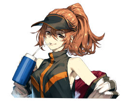 Rule 34 | 1girl, blush, breasts, brown eyes, brown hair, chyko, drink, drinking, drinking straw, highres, holding, holding drink, holding thermos, jacket, long hair, looking at viewer, original, ponytail, removing jacket, shirt, sleeveless, sleeveless shirt, smile, solo, thermos, undressing, visor cap