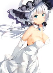 Rule 34 | 1girl, arched back, armpit peek, arms behind back, azur lane, bad id, bad pixiv id, bare shoulders, blue eyes, blue gemstone, blunt bangs, blush, breasts, cleavage, closed mouth, collarbone, commentary request, cowboy shot, cross hair ornament, detached collar, dress, elbow gloves, female focus, flower, gem, gloves, hair flower, hair ornament, hat, highres, illustrious (azur lane), jewelry, lace, lace-trimmed dress, lace-trimmed hat, lace trim, large breasts, layered dress, light blush, long dress, looking at viewer, low twintails, mole, mole under eye, necklace, ponyaru, ponytail, see-through, sideboob, simple background, skirt hold, smile, solo, standing, strapless, strapless dress, sun hat, twintails, white background, white dress, white gloves, white hair, white hat