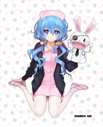 Rule 34 | 1girl, artist name, black jacket, blue eyes, blue hair, closed mouth, collarbone, date a live, dress, hair between eyes, hair bobbles, hair ornament, hair over shoulder, hat, jacket, long hair, long sleeves, looking at viewer, madara sai, nurse, nurse cap, open clothes, open jacket, pantyhose, pink dress, sandals, short dress, sitting, smile, solo, twintails, very long hair, wariza, white background, white pantyhose, yoshino (date a live), yoshinon
