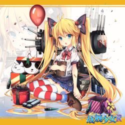 Rule 34 | &gt; &lt;, 1girl, :3, aged down, alternate costume, andrea doria (warship girls r), balloon, bandaid, bandaid on arm, black bow, blonde hair, blue shirt, book, bow, box, brown footwear, bullet, cat, closed eyes, closed mouth, confetti, copyright name, dice hair ornament, eyebrows, full body, gift, gift box, hair bow, hair ornament, head tilt, highres, holding, holding book, italian flag, jianren, letterboxed, long hair, machinery, neck ribbon, official art, open mouth, pleated skirt, puffy short sleeves, puffy sleeves, red ribbon, ribbon, shirt, shoes, short sleeves, sitting, skirt, smile, solo, striped clothes, striped thighhighs, stuffed animal, stuffed cat, stuffed panda, stuffed toy, teruterubouzu, thick eyebrows, thighhighs, twintails, very long hair, wariza, warship girls r, white shirt, zoom layer