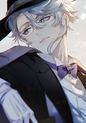 Rule 34 | 1boy, artist name, azul ashengrotto, black jacket, blue eyes, bow, bowtie, closed mouth, coat, coat on shoulders, formal, glasses, gloves, hat, hat ribbon, jacket, looking away, male focus, mole, mole under mouth, purple bow, purple bowtie, ribbon, shinsuke (moccori), shirt, short hair, silver hair, solo, twisted wonderland, upper body, white background, white gloves, white shirt