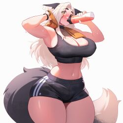 Rule 34 | 1girl, absurdres, animal ears, armpits, black sports bra, breasts, cleavage, curvy, dog ears, dog girl, dog tail, drinking, exercising, grey hair, hair over one eye, haru feng, highres, huge breasts, large breasts, large tail, multicolored hair, original, short shorts, shorts, simple background, solo, sports bra, sweat, tail, thick thighs, thighs, towel, towel around neck, white background, white hair, wide hips, yellow eyes