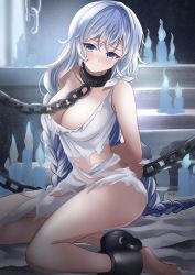 Rule 34 | 1girl, avrora (azur lane), avrora (shackled saule) (azur lane), azur lane, bare shoulders, blue eyes, blush, braid, breasts, chain, cuffs, dress, hair between eyes, highres, large breasts, long hair, looking at viewer, manjirou (manji illust), puddle, shackles, silver hair, solo, torn clothes, torn dress, twin braids, very long hair, white dress