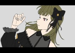 Rule 34 | 1girl, absurdres, arm up, bare shoulders, black bow, black dress, black ribbon, blunt bangs, bow, brown hair, center-flap bangs, collarbone, commentary, dress, dutch angle, frilled dress, frills, grey background, hair bow, hair ribbon, highres, kachimachi kosuzu, lace, lace-trimmed dress, lace trim, letterboxed, link! like! love live!, long hair, long sleeves, looking to the side, love live!, off shoulder, parted lips, pink eyes, profile, ribbon, s sho mkrn, solo, straight hair, upper body, virtual youtuber