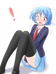 Rule 34 | !, 1girl, animal ears, blazer, blue hair, blush, rabbit ears, covering privates, covering crotch, embarrassed, highres, necktie, red eyes, reisen, short hair, skirt, solo, ten203159, touhou