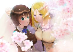Rule 34 | 2girls, absurdres, aoi erika, black hair, blonde hair, blurry, blurry foreground, bow, bowtie, breasts, cape, cherry blossoms, chest harness, commentary request, fur trim, green eyes, grey eyes, hair ornament, harness, heaven burns red, highres, kabedon, large breasts, looking at another, looking at viewer, medium hair, minase ichigo, multiple girls, shirt, usisigo-kuronomi, vest, white shirt, yuri