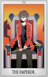 Rule 34 | 1boy, brown hair, collarbone, collared jacket, commentary, english text, highres, horns, jacket, kagerou project, kisaragi shintarou, male focus, mazumaro, red hair, red jacket, roman numeral, scepter, sheep horns, solo, standing, striped clothes, striped jacket, tarot, tarot (medium), text focus, the emperor (tarot), throne, track jacket