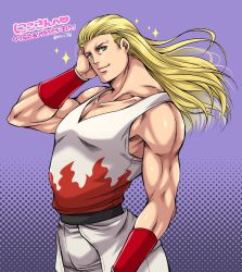 Rule 34 | 1boy, andy bogard, blonde hair, blue eyes, fatal fury, flame print, hand on own face, hand on own head, highres, long hair, looking at viewer, male focus, miru (mill 36), solo, sparkle, translation request, wristband