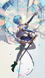 Rule 34 | 1girl, blue eyes, blue hair, cape, ciloranko, commentary, from side, gloves, highres, magical girl, mahou shoujo madoka magica, mahou shoujo madoka magica (anime), miki sayaka, miki sayaka (magical girl), short hair, skirt, solo, sword, thighhighs, weapon, white gloves, white thighhighs