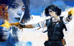 Rule 34 | 1girl, absurdres, black hair, black lips, blue hair, bob cut, brush (medium), bullet, dark blue hair, firing, fortnite, golden arms, gun, heterochromia, highres, holding, holding gun, holding weapon, looking at viewer, marigold (fortnite), necktie, official art, outstretched arms, paint, portrait, scar, scar across eye, scar on face, short hair, sleeve cuffs, sleeves rolled up, solo, tattoo, vest, weapon, white eyes, yellow eyes