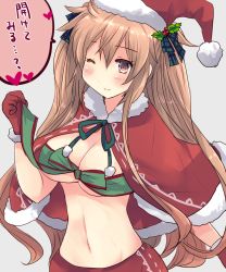 Rule 34 | 1girl, bra, breasts, christmas, cleavage, eyes visible through hair, fur-trimmed headwear, fur trim, gift wrapping, grey background, hair between eyes, hair flaps, hair ornament, hairpin, hat, highres, hirune (konekonelkk), jacket, kantai collection, long hair, medium breasts, mistletoe, murasame (kancolle), one eye closed, red hat, santa costume, santa hat, simple background, solo, speech bubble, stomach, translation request, twintails, underwear