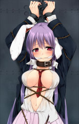 Rule 34 | 1girl, animal ears, arms up, bad id, bad pixiv id, bdsm, between breasts, blazer, blush, bondage, bound, breasts, chain, cleave gag, cloth gag, collar, collarbone, cuffs, dress, gag, gagged, improvised gag, jacket, large breasts, long hair, looking at viewer, navel, necktie, necktie between breasts, nnyara, open clothes, purple hair, rabbit ears, red eyes, red necktie, reisen udongein inaba, rope, shackles, shibari, shibari over clothes, skirt, slave, solo, torn clothes, touhou, very long hair