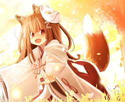 Rule 34 | 1girl, :d, animal ear fluff, animal ears, brown hair, commentary request, fang, fox ears, fox girl, fox mask, fox tail, fujisaki yuu, hair ornament, hakama, hakama skirt, hip vent, japanese clothes, kimono, long hair, long sleeves, looking at viewer, mask, mask on head, open mouth, original, outdoors, outstretched arms, red eyes, red hakama, skirt, smile, solo, sunset, tail, tree, very long hair, white kimono, wide sleeves