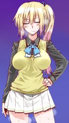 Rule 34 | 10s, 1girl, blonde hair, blush, breasts, closed eyes, cosaten, gradient background, hand on own hip, heavy breathing, highres, kawakami mai, long hair, musaigen no phantom world, pleated skirt, pussy juice, school uniform, side ponytail, skirt, smile, solo, steam, sweat, sweater vest, wavy mouth