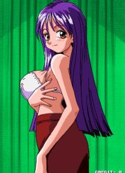 Rule 34 | 1990s (style), 1girl, bra, breasts, happy, kotoyoshi yumisuke, looking at viewer, orange eyes, pachinko sexy reaction, purple hair, red skirt, retro artstyle, sammy, skirt, underwear, white bra