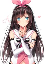 Rule 34 | 1girl, arm across waist, bad id, bad twitter id, blue eyes, blush, bow, breasts, brown hair, detached sleeves, hairband, heart, highres, index finger raised, kizuna ai, kizuna ai inc., lace-trimmed sleeves, lace trim, long hair, looking at viewer, medium breasts, multicolored hair, navel, pink hair, pink ribbon, ribbon, sailor collar, shorts, sidelocks, simple background, smile, solo, streaked hair, superpig, upper body, virtual youtuber, white background