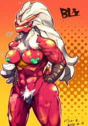 Rule 34 | 1girl, abs, blaziken, blue eyes, breasts, colored sclera, creatures (company), female pubic hair, game freak, gen 3 pokemon, muscular, nintendo, pasties, pokemon, pokemon (creature), pubic hair, sasamix, solo, sweat, thick thighs, thighs, yellow sclera