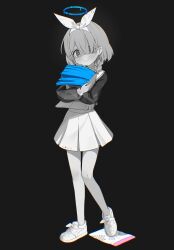 Rule 34 | 1girl, absurdres, arona (blue archive), blue archive, blush, braid, choker, envelope, footprints, full body, greyscale, hair between eyes, hair over one eye, hairband, halo, highres, holding, holding envelope, long sleeves, looking at viewer, monochrome, patanda, recolored, sailor collar, school uniform, serafuku, shoes, short hair, side braid, simple background, skirt, smile, sneakers, solo, spot color, standing
