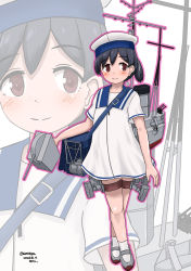 Rule 34 | 1girl, black hair, blue sailor collar, brown eyes, commentary request, depth charge, dress, full body, hat, hiburi (kancolle), highres, kantai collection, looking to the side, low ponytail, sailor collar, sailor dress, sailor hat, senon, shoes, short hair, short sleeves, simple background, socks, solo, standing, uwabaki, white background, white dress, white hat, white socks, zoom layer