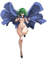 Rule 34 | 1girl, bare legs, breasts, cape, curvy, dc comics, female focus, full body, green eyes, green hair, highres, looking at viewer, matching hair/eyes, navel, one-punch man, rakeemspoon, raven (dc), short hair, slingshot swimsuit, small breasts, solo, swimsuit, tatsumaki, teen titans, thick thighs, thighs, wide hips