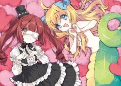 Rule 34 | 2girls, ahoge, blonde hair, blue bow, blue eyes, blush, bow, breasts, brown hair, commentary request, dress, eyepatch, frilled dress, frills, gothic lolita, hair bow, hair censor, hair over breasts, hanazono yurine, hat, heart, heart hands, heart-shaped pillow, jashin-chan, jashin-chan dropkick, lamia, lolita fashion, long hair, looking at viewer, lying, medical eyepatch, mini hat, monster girl, multiple girls, navel, nude, on back, pillow, pink eyes, small breasts, smile, twintails, two-tone dress, yukiwo