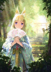 Rule 34 | 10s, 1girl, 2015, animal ears, blonde hair, bridge, dated, folding fan, forest, fox ears, hand fan, holding, holding fan, japanese clothes, kimono, lantern, light rays, light smile, long hair, long sleeves, looking at viewer, md5 mismatch, miyai haruki, nature, original, outdoors, own hands together, plant, purple eyes, ribbon-trimmed sleeves, ribbon trim, sash, signature, solo, stairs, sunbeam, sunlight, tassel, torii, wide sleeves