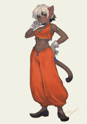 Rule 34 | 1girl, alicia priss, animal ears, armlet, cat ears, cat girl, cat tail, commentary request, cropped vest, dark-skinned female, dark skin, dyed bangs, furry, furry female, gloves, harem pants, highres, little tail bronx, midriff, multicolored hair, navel, nishiki areku, no eyepatch, pants, short hair, signature, simple background, sleeveless, slippers, solo, tail, tail concerto, two-tone hair, vest