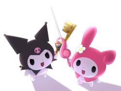 Rule 34 | &gt;:d, 00s, :d, arm up, creature, flower, full body, furry, holding, holding sword, holding weapon, hood, hood up, imuta (vaporization), key, kuromi, looking at viewer, looking up, my melody, no humans, onegai my melody, open mouth, sanrio, simple background, skull print, smile, solid circle eyes, standing, sword, v-shaped eyebrows, weapon, white background
