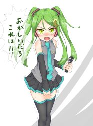 Rule 34 | 1girl, absurdres, alternate hairstyle, angry, blush, cosplay, covering privates, covering crotch, crescent, crescent hair ornament, detached sleeves, green eyes, hair ornament, hatsune miku, hatsune miku (cosplay), highres, kantai collection, looking at viewer, microphone, nagatsuki (kancolle), necktie, open mouth, satoshi kaki, simple background, thighhighs, translated, twintails, twitter username, vocaloid